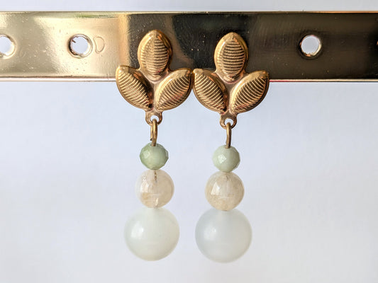 Boucles d'oreilles "feuille" jade de Chine et citrine