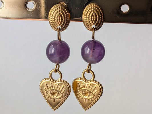 Boucles d'oreilles "cœur-œil" améthyste