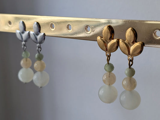 Boucles d'oreilles "feuille" jade de Chine et citrine